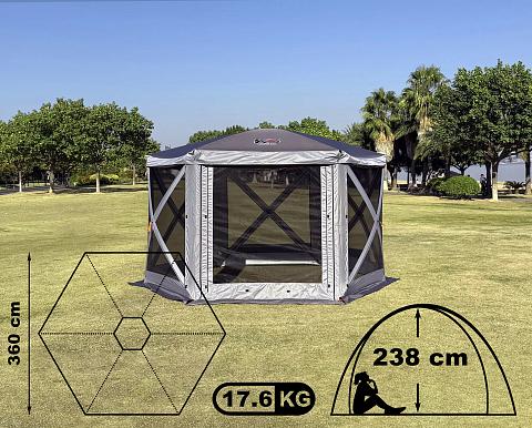 Фото шатер туристический kyoda 6 сторон, р.360*360*238см, плотн190т, 210d, цвет темно и светло серый