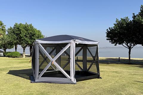 Фото шатер туристический kyoda 6 сторон, р.360*360*238см, плотн190т, 210d, цвет темно и светло серый