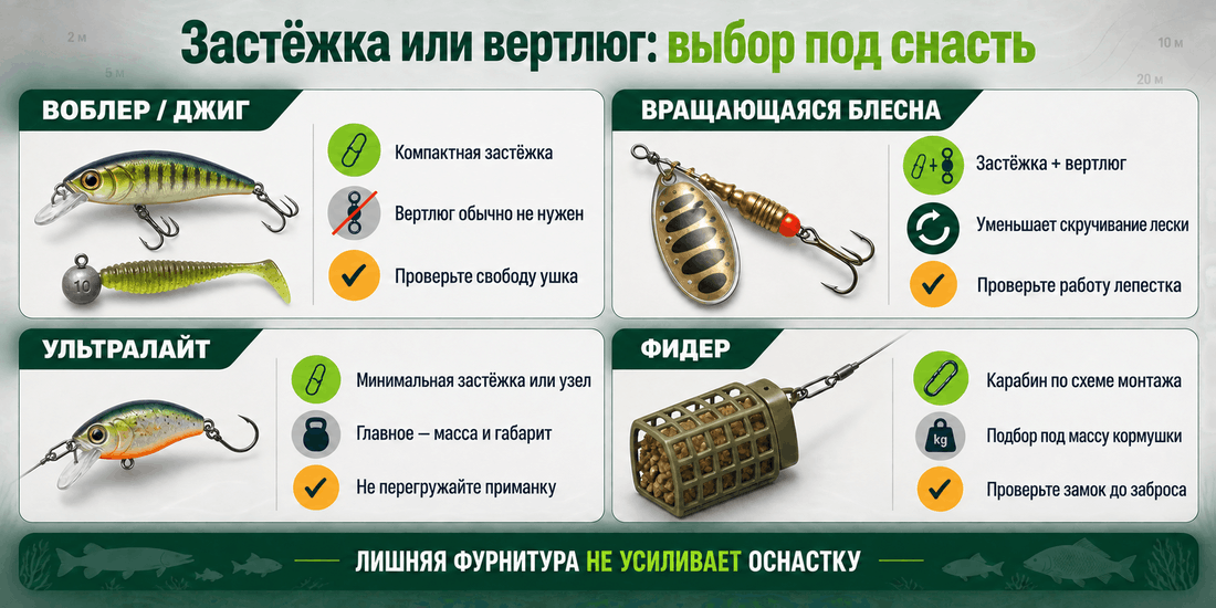 Выбор застежки или вертлюга с карабином для воблера, блесны, джига и фидера